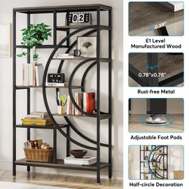 LITTLE TREE Industrial Bookshelf Etagere Bookcase, Rustic 8-Tiers Bookshelves with Metal Frame, Tall Freestanding Open Storage Shelving for Home Office, Living Room