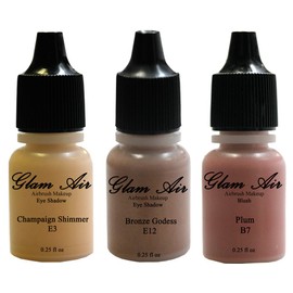 Glam Air Set of 3 Colors-Bronze Goddess, Plum, & Champaign Shimmer Airbrush Water-based 0.25 Fl. Oz. Bottles of Eyeshadow Bronze Goddess, Champaign Shimmer, Plum