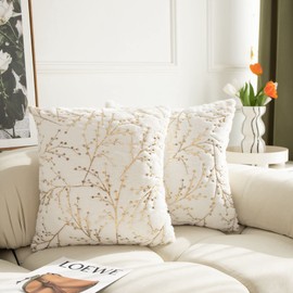 LIGICKY Set of 2 Fluffy White Faux Fur Pillow Covers Gold Branches Glitter Throw Pillows Decorative Soft Furry Sparkling Square Cushion Cases for Sofa Bedroom Party Décor 20x20inch（Double Sided Fur