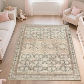 Zarvenda 4x6 Area Rug for Bedroom Machine Washable, Non Slip Vintage Floral Kitchen Rugs for Dining Room, Rustic Indoor Floor Carpet for Nursery, Farmhouse, Office Classroom Beige/Pink/Orange