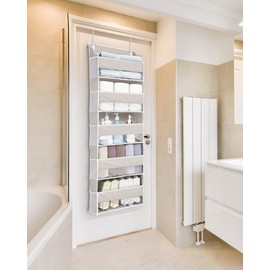 ULG 1-Pack Over Door Organizer with 5 Large Pockets 10 Mesh Side Pockets, 44 lbs Weight Capacity Hanging Storage Organizer with Clear Window for Bedroom Bathroom Kitchen, RV, Camper, Beige