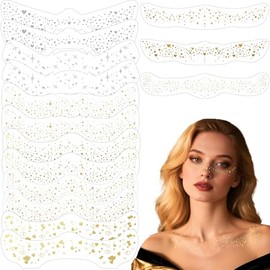 12Pcs Tatuajes Temporales de Pecas+3Pcs Clavícula Temporales de Glitter Dorada Plateado, Cara Glitter Parches de Maquillaje Impermeable, Tatuajes Temporales para Mujer Festivales y Fiestas