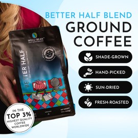 Well-Bean Coffee - Better Half Ground Coffee, Half Caff Coffee Blend, Swiss-Water-Processed Coffee Ground, Vegan Half Decaf Coffee Ground, Lightly Roasted Coffee, 12 oz