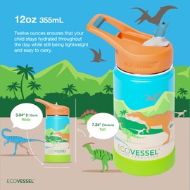 EcoVessel FROST Stainless Steel Kids Water Bottle with Straw Lid, Leak Proof Bottle with Carry Handle & Bottle Bumper, Kids Water Bottle For School - 12oz (Bunnyhop)