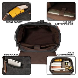 VAZUOOL Mens Canvas Laptop Backpack Vintage Travel Rucksack Knapsack, Work College Computer Bag Weekend Daypack Bookbag Fits 15.6 Inch Laptop, Black