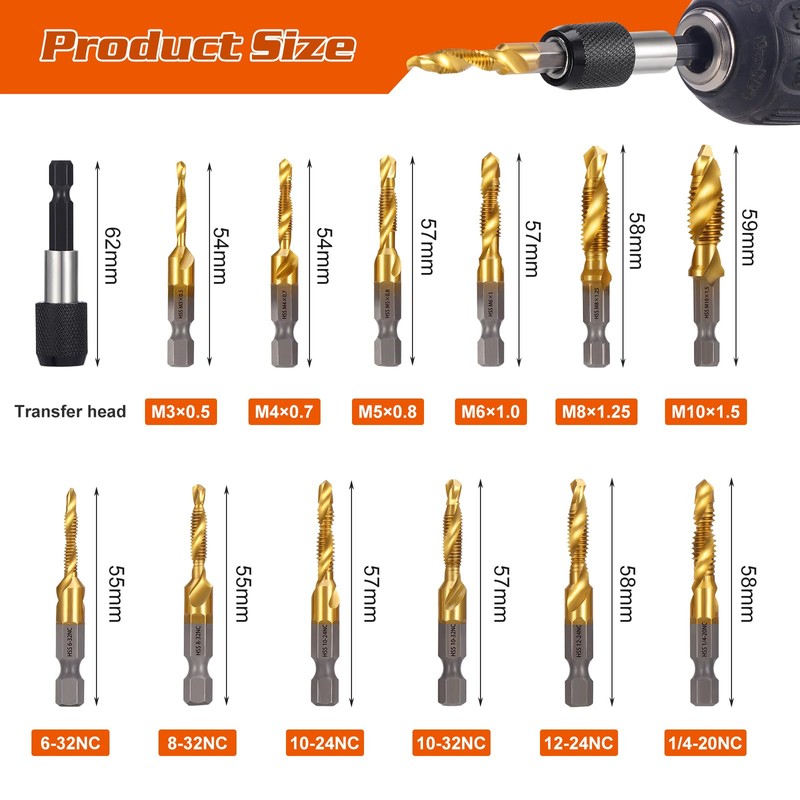 OCR 13PCS Titanium Drill Tap Set, HSS SAE & Metric