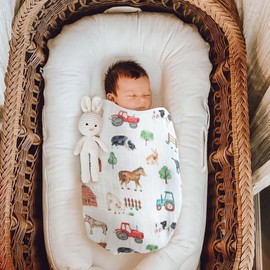 LifeTree Muslin Swaddle Blankets Neutral, Farm Animals Baby Swaddling Wrap Nursery Receiving Blanket for Boys & Girls, Soft 70% Viscose from Bamboo and 30% Cotton, Large 47 x 47 inches