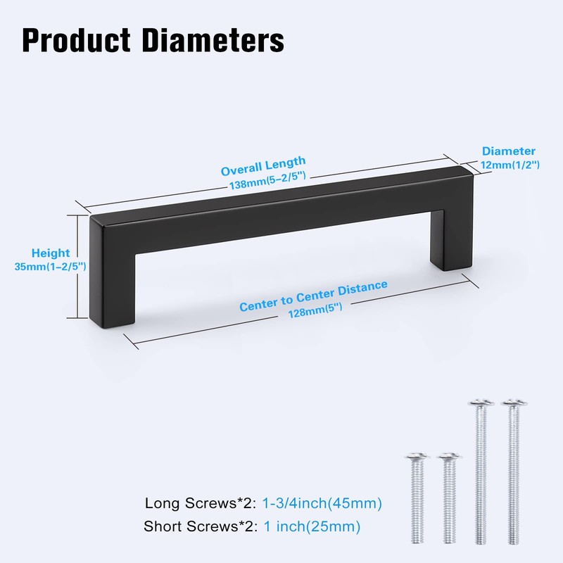 KNOBWELL 10 Pack 5" Matte Black Modern Cabinet Handles Stainless