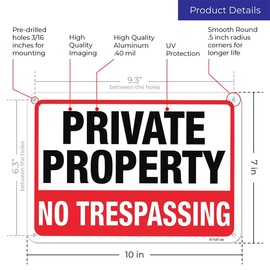 AlfaView Private Property No Trespassing Sign, 10"x 7" .040 Rust Free Aluminum Sign, Reflective Anti UV Protected Metal Sign, Easy to Install-Indoor & Outdoor Use with Screws and Zip Ties (2)