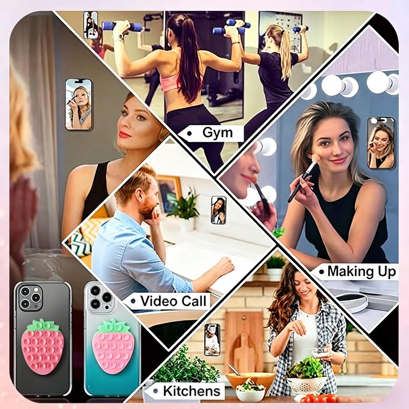 Silicone Phone Grip with Strong Suction, Strawberry Design, Pink Green