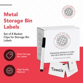 Labels for Storage Bins | Metal Storage Bin Labels (2.5” x 3.5”) - Set of 8 Basket Clip On Labels for Storage Bins w/Non-Slip Grip Pads & Dry Erase Marker - Removable Bin Labels for Storage Bins