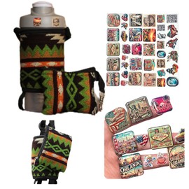 T1-VE Fabric Water Bottle Carrier – Includes Coin Pouch + 3D & Waterproof Sticker Packs, Adjustable Strap – Kit for Travel, Gym, Beach, Hiking, Walking, Biking & Daily Adventures (Green)