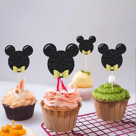 30Pcs Black and Gold Mouse Inspired Cupcake Toppers with Bow Glitter Mini Cupcake Picks Decorations for Baby Shower Wedding Kids Birthday Party Supplies
