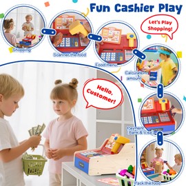 maysida Children's cash register wooden cash register with scanner and sound for children 3-5 years, toy cash register with scanner/play money/coins/debit card/shopping basket/accessories, shop