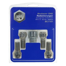 Lampa Anti-theft wheel bolt M14 x 1.5, cone seat, shaft length 30.0 mm, spanner width 17 mm/19 mm, silver, hex bolt, alloy steel, class 10.9