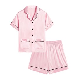 SWOMOG Kids Satin Pyjamas Girls Boys Short Sleeve Pjs Sets Two Pockets Silky Nightwear 2 Piece Button-Down Skeepwear for 4-13 Pink