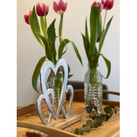 Brandsseller Decorative Stand Hearts Aluminium Approx. 23 x 21 cm on Mango Wood Base
