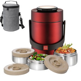 3-Tier Stackable Insulated Food Jar, 2.3L Portable Bento Lunch Box, 304 Stainless Steel Vacuum Insulated Barrel for Hot & Cold Food, Food Container for Office, Travel, Picnic, Outdoor (Red)