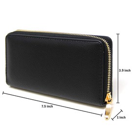 Me Plus Women Fashion Solid Color Faux Leather PU Long Wallet with Zipper Closure Card Slots Zippered Coin Pouch (Black)