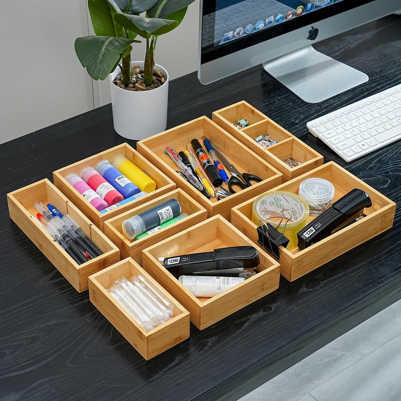 Fabsome Drawer Organizer, Set of 9 Bamboo Wood Kitchen Makeup