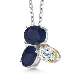 925 Silver and 10K Yellow Gold Blue Sapphire and Sky Blue Aquamarine Pendant Necklace For Women (3.30 Cttw, Oval 8X6MM, 7X5MM and 6X4MM, Gemstone September Birthstone, with 18 Inch Chain)