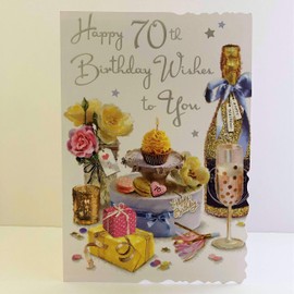 Jonny Javelin Female Age 70 70th Birthday Wishes to You Card - Champagne Present Cupcake Flowers
