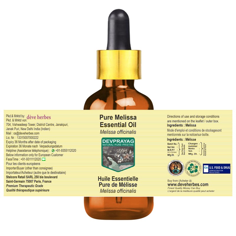 Devprayag Pure Melissa Essential Oil (Melissa officinalis) with Glass Dropper