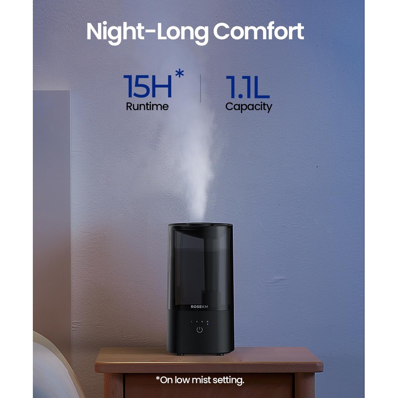 ROSEKM Humidifiers for Bedroom (1.1L), Small Cool Mist Humidifier for