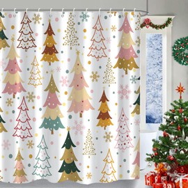 GKLEASG Merry Christmas Shower Curtain, Winter Xmas Tree Snowflake Holiday Colorful Waterproof Fabric Machine Washable for Bathroom Bathtub Decor with Hooks 72"x72"