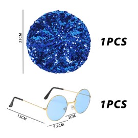 MEMOFYND 1 Piece Millinery and 1 Piece Carnival Glasses, Glitter Suit, Colorful Sequin Hat, Glitter Beret, Hip Hop Sunglasses, Retro Round Glasses, Suitable for Masquerade, Party, Prom Dress（Blue）