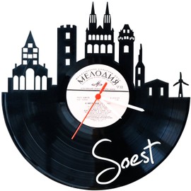 GRAVURZEILE Vinyl Record Clock - Skyline Soest - Wall Clock Made of Cast Vinyl with City Skyline 30 cm - Upcycling Design Clock Wall Decoration Vintage Clock Wall Decoration Retro Clock - Made in