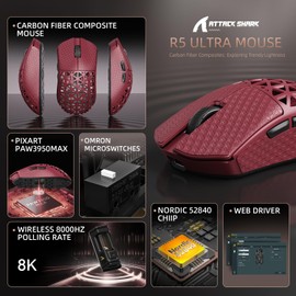 ATTACK SHARK R5 Ultra Wired Gaming Mouse 39g Ultra-Light,Carbon Fiber 8K Polling Rate 42K DPI PAW3950MAX Sensor,Programmable Mice with Coiled Cable&Griptape,PC/Mac-Red
