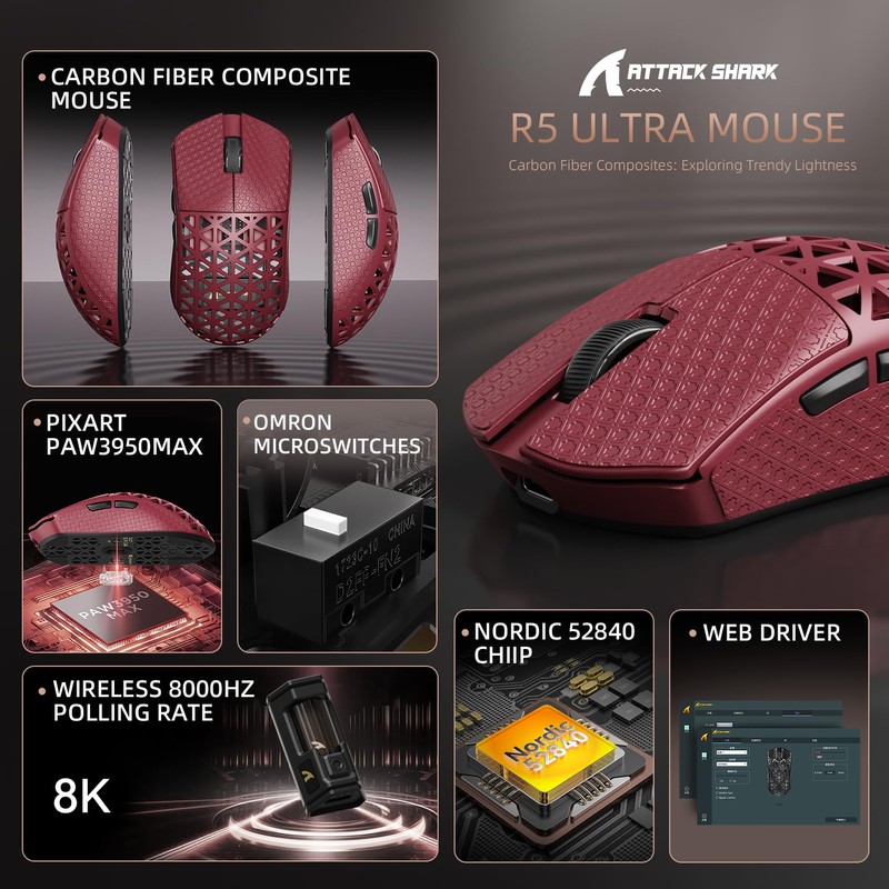 ATTACK SHARK R5 Ultra Wired Gaming Mouse 39g Ultra-Light,Carbon Fiber