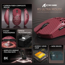 ATTACK SHARK R5 Ultra Wired Gaming Mouse 39g Ultra-Light,Carbon Fiber 8K Polling Rate 42K DPI PAW3950MAX Sensor,Programmable Mice with Coiled Cable&Griptape,PC/Mac-Red