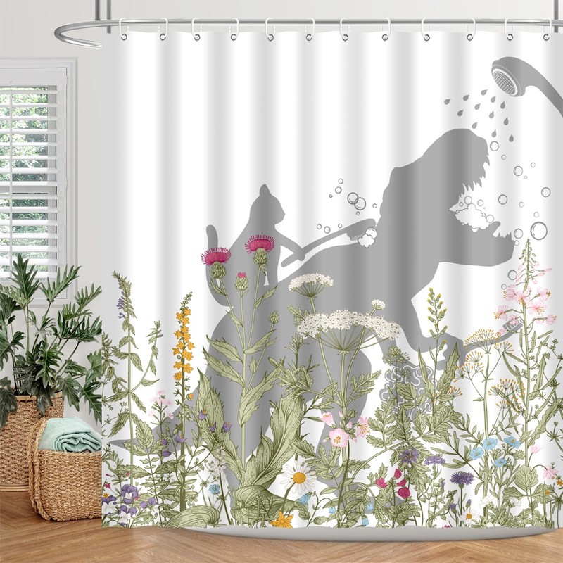 BIYSUC Cat Dinosaur Shower Curtain Funny Cat Help Dino Bathe