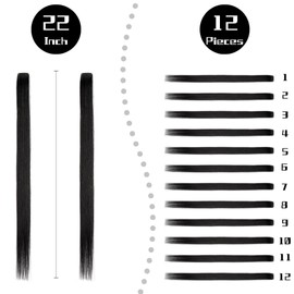 Colored Hair Extensions Clip in for Kids Girls Women, 22inch Straight, 12pieces Black