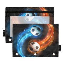 Emelivor Flames Soccer Ball Pencil Pouch for 3 Ring Binder 2 Pcs Pockets Pencil Pouches Bag with Clear Pencil Case Cosmetic Bag for Office Daily College Supplies