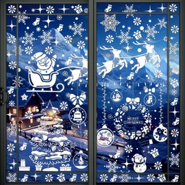 AYNKH 201Pcs Christmas Window Stickers, 6 Sheets Reusable Christmas Window Clings with Santa Claus Christmas Tree Elk Snowflake, PVC Double Sided Window White Stickers for Xmas Window Decorations