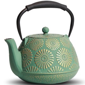 MILVBUSISS Cast Iron Teapot, 40oz Tea Kettle with Infuser for Stove Top, Sakura Design Japanese Tea Pot for Loose Leaf Coated with Enameled Interior, Silicone Handle 1200ml Green