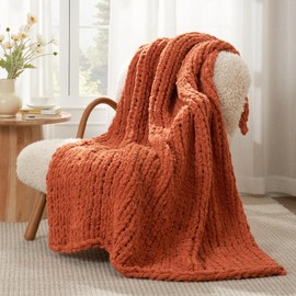 Amélie Home Chunky Knit Blanket Throw, Thick Soft Chenille Yarn Throw, Warm Handmade Rope Knot Blanket for Couch Sofa Bed, 50x60, Burnt Orange