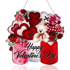 Happy Valentine's Day Sign Happy Valentine's Day Door Sign Wooden Farmhouse Home Sign Welcome Sign with Bear Heat Rose for Porch Farmhouse Happy Valentine's Day Front Door Outdoor Home Decor (a)