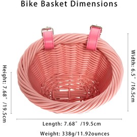 ZUKKA Woven Bicycle Basket Children's Front Handlebar Basket Children's Bicycle Basket Braided for Girls and Children with Leather Strap, Decorative, Removable, Pink