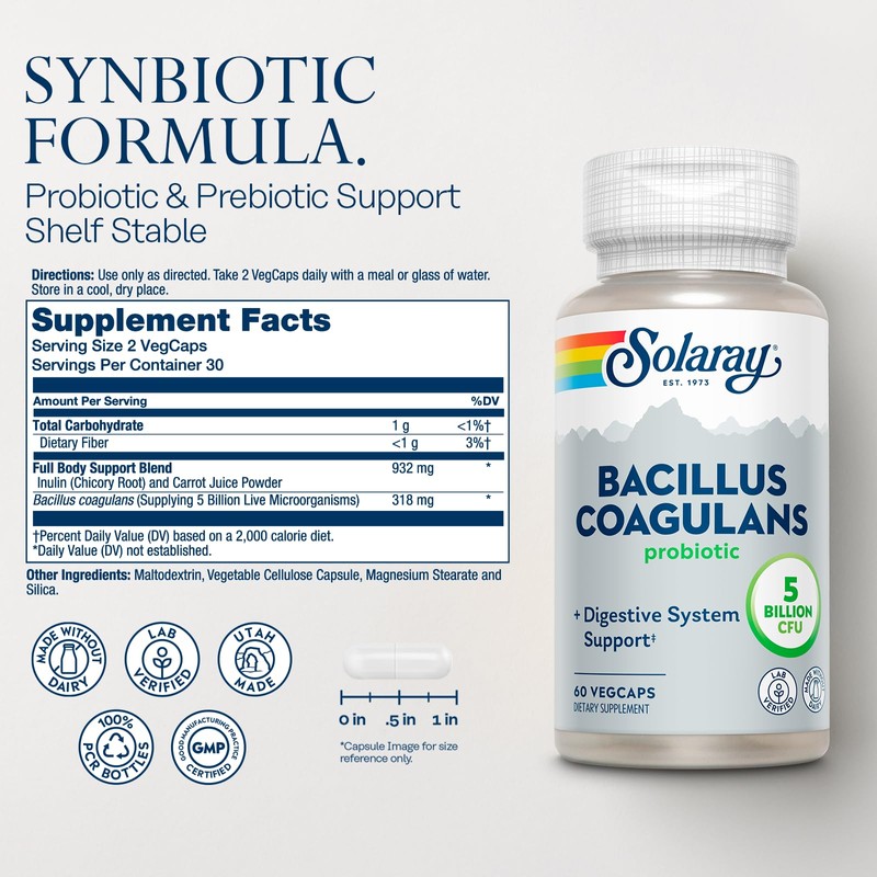 SOLARAY Bacillus Coagulans Probiotic - 5 Billion Live Microorganisms -