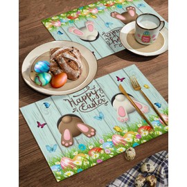 Spring Easter Placemats Set of 6, Funny Bunny Tails Rabbit Heat Resistant Washable Dining Table Mats Floral Farmhouse Decor for Kitchen&Table Linens Outdoor IndoorOutdoor Indoor