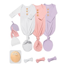 Baby Knotted Gown 3 Packs, Breathable Pajamas Going Home Outfit Clothes Newborn Girl Boy, Infant Announcement Nightgown 0-3 Months Set with Mittens, Hats, Headbands & Wooden Name Sign