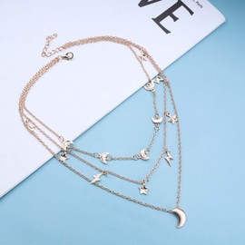 Allereya Boho Layered Thunder Necklace Crescent Moon Pendant Necklace Tiny Star Dangle Necklace Gold Lightning Bolt Necklace Choker Peace Dove Choker Necklace Jewellery for Women and Girls