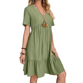 Women's Summer Dresses Casual Midi Swing Short Sleeve V Neck Tiered A Line Flowy Beach Dress Sundress 2024 Green