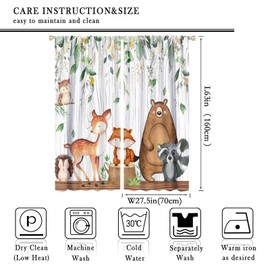 Forest Animal Curtains, Watercolor Wild Animal Bear Fox Deer Kids Window Treatments for Living Room Bedroom,Green Woodland Tree Kids Drapes 2 Panel Sets,55x63 Inch