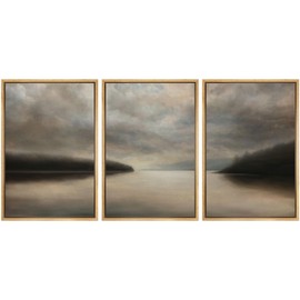SIGNFORD Framed Canvas Print Wall Art Set Tranquil Lake at Dusk Illustration Modern Art Decorative Nordic Minimal Zen for Living Room, Bedroom, Office - 16"x24"x3 Natural