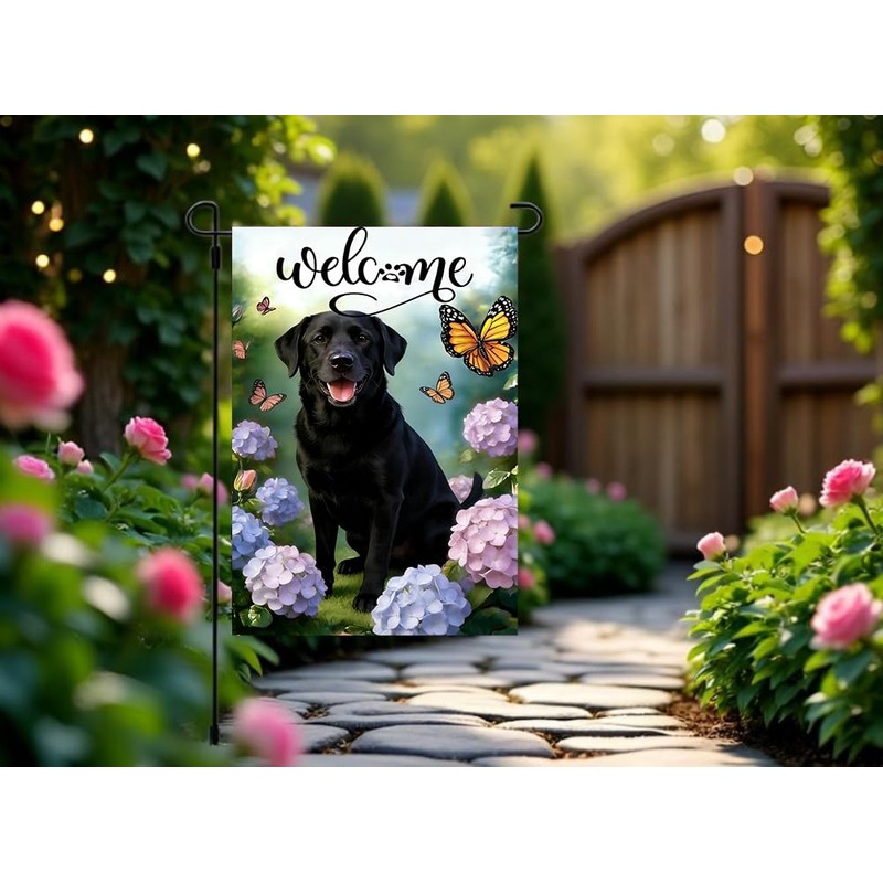 Welcome Spring Summer Black Lab Garden Flags 12x18 Double Sided